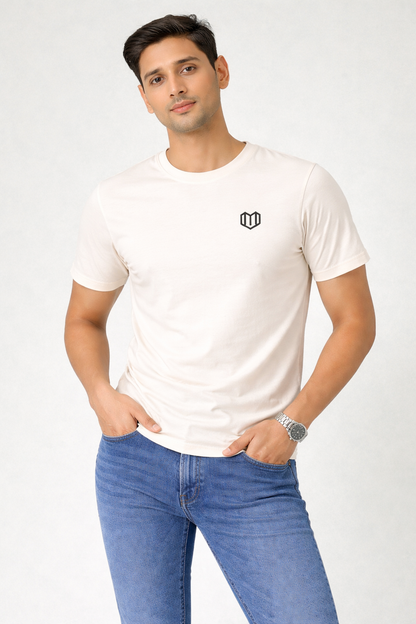 Cream Cotton Half Sleeve Tshirts for Men