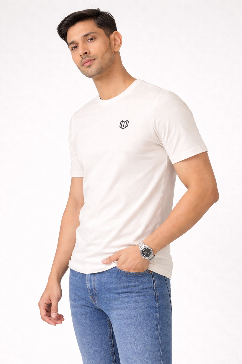Cream Cotton Half Sleeve Tshirts for Men