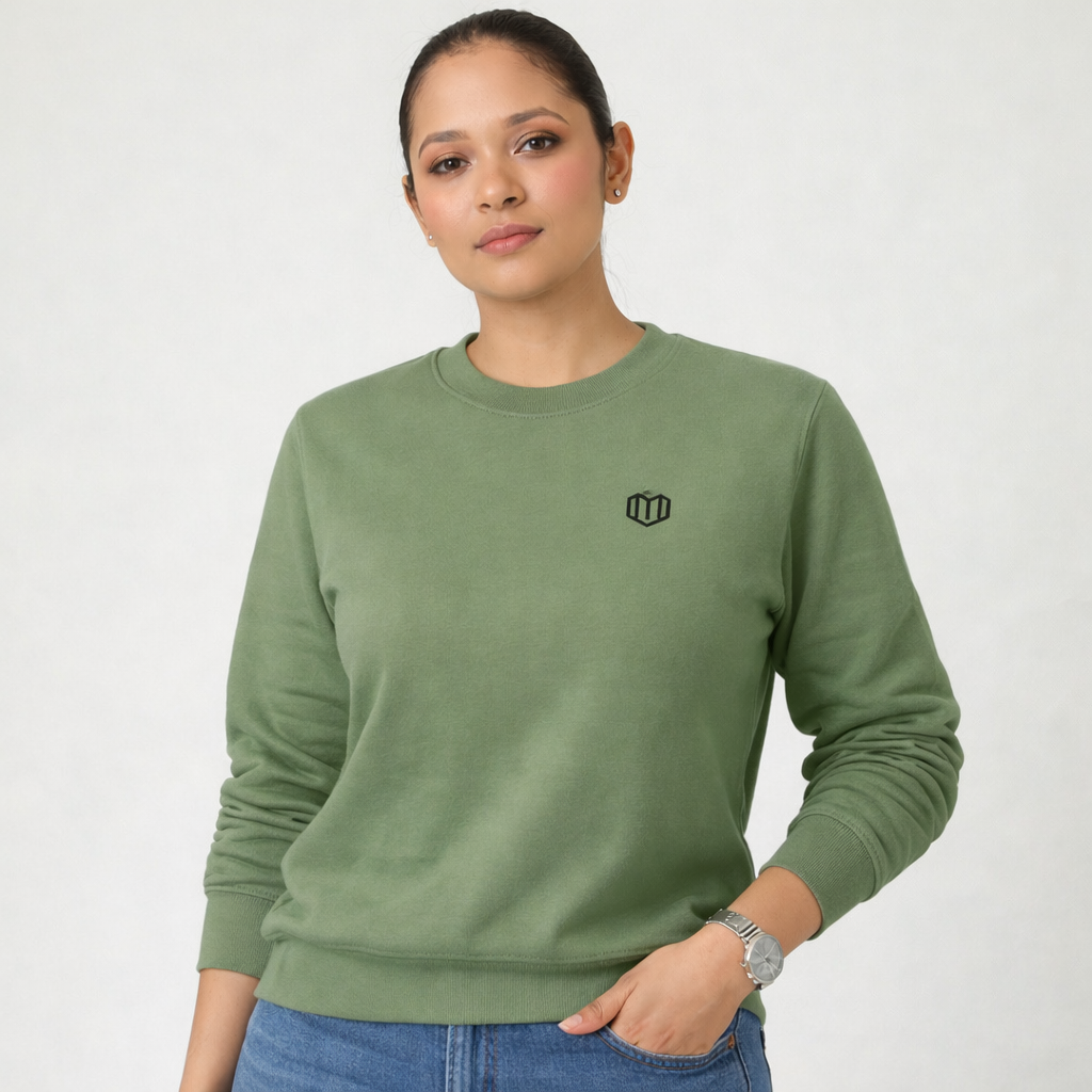 Olive Green Women Cotton Sweat Shirts Full Sleeve