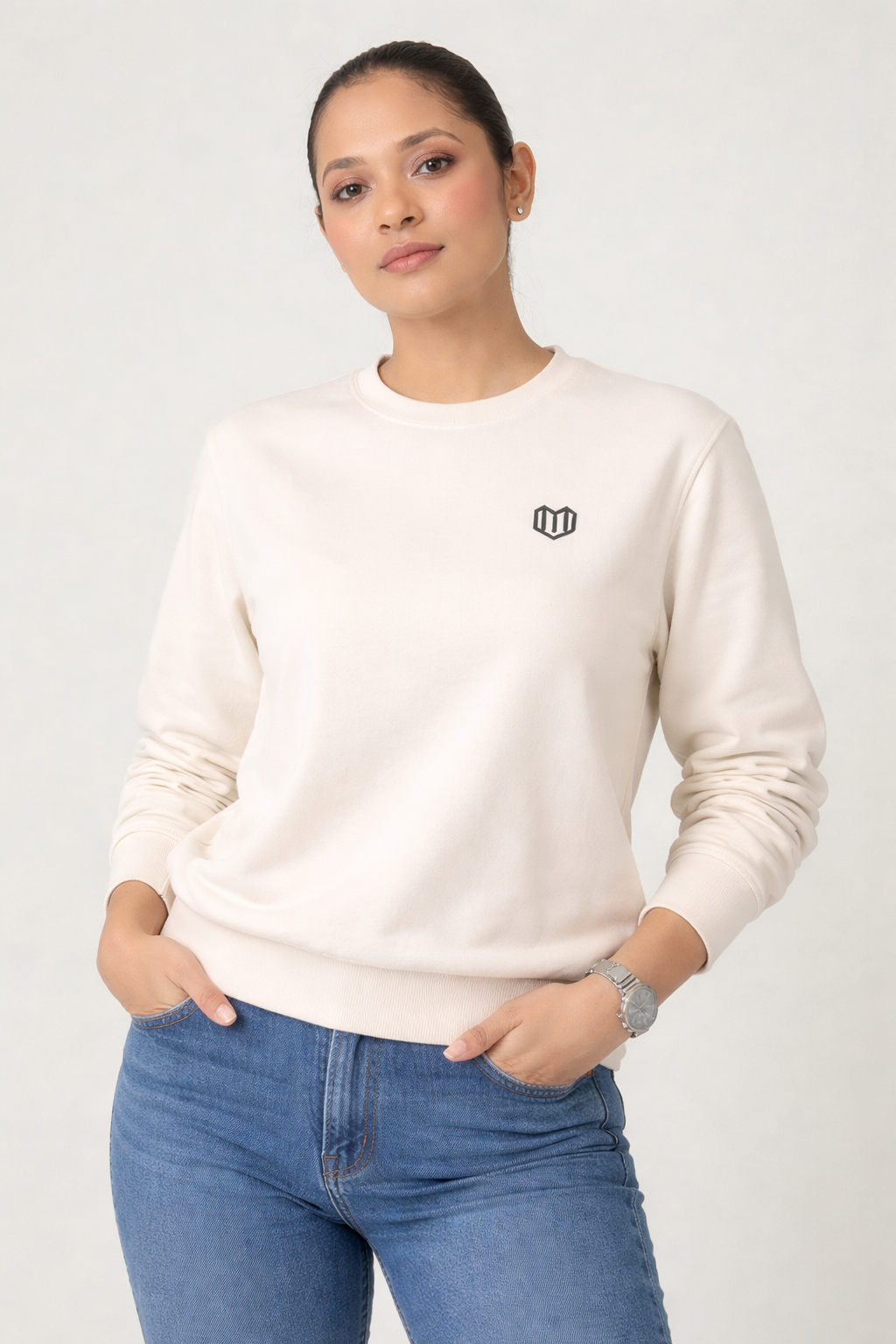 Cream Cotton Women Sweat Shirts Full Sleeve