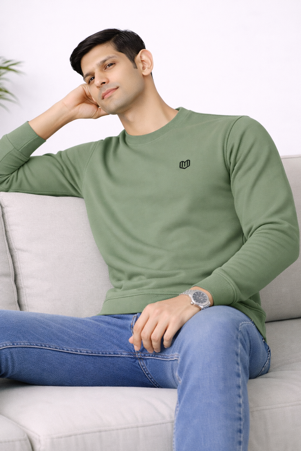 Olive Green Men Cotton Sweat Shirts Full Sleeve