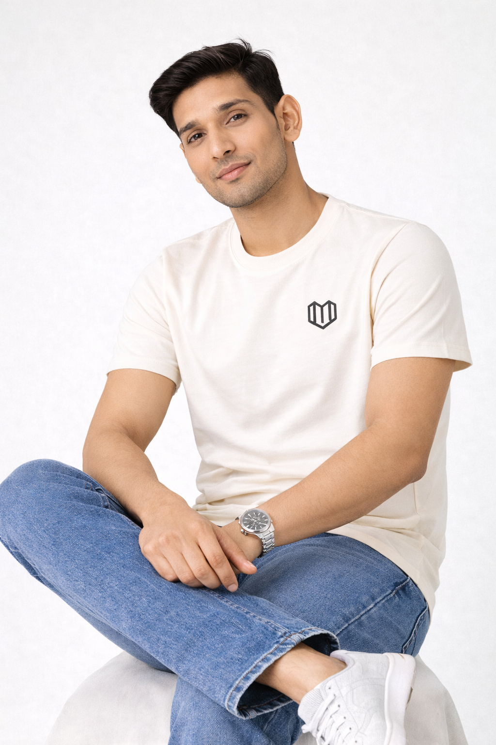 Cream Cotton Half Sleeve Tshirts for Men