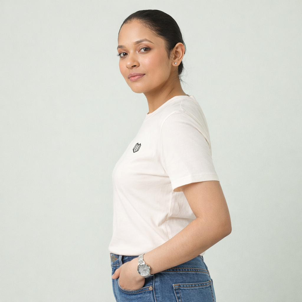 Cream Cotton Half Sleeve Tshirts for Women