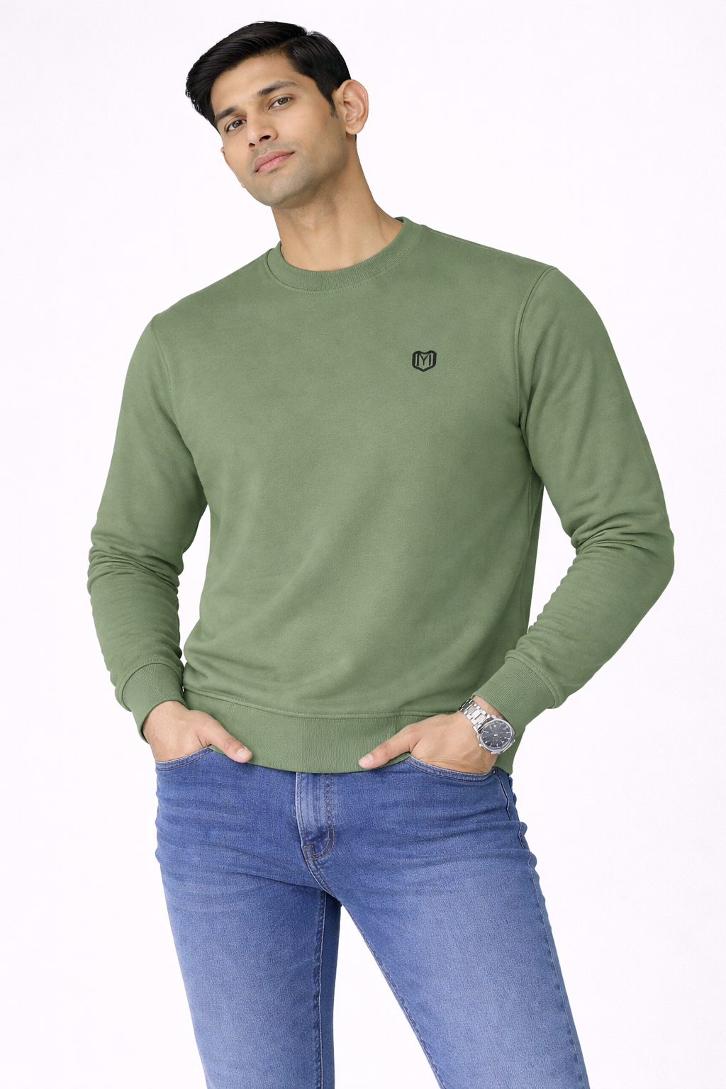 Olive Green Men Cotton Sweat Shirts Full Sleeve