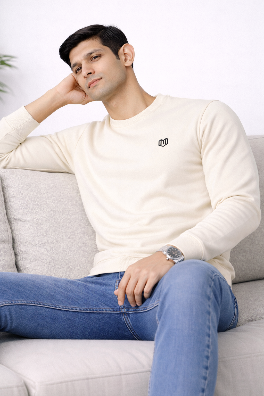 Cream Cotton Men Sweat Shirts Full Sleeve