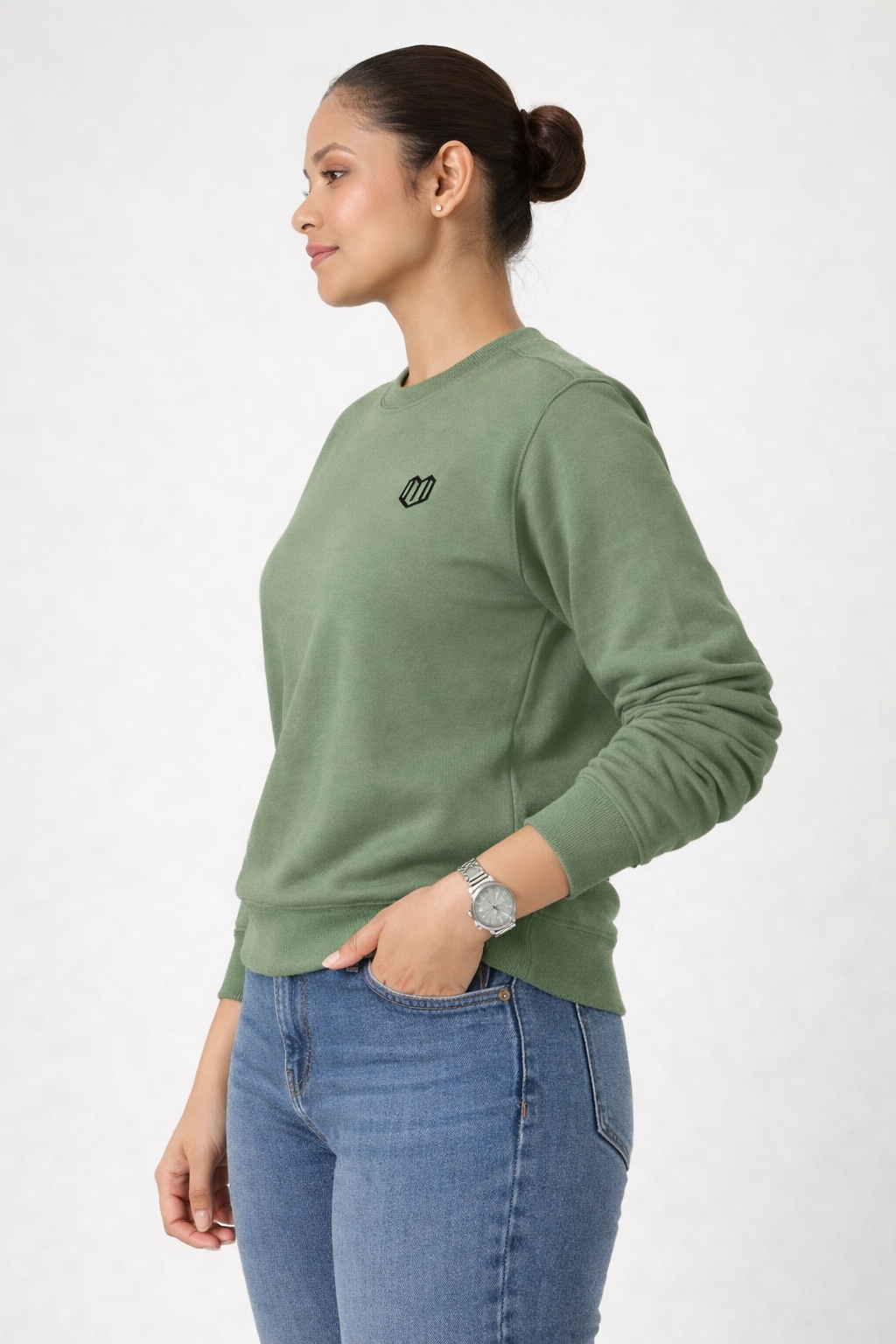Olive Green Women Cotton Sweat Shirts Full Sleeve