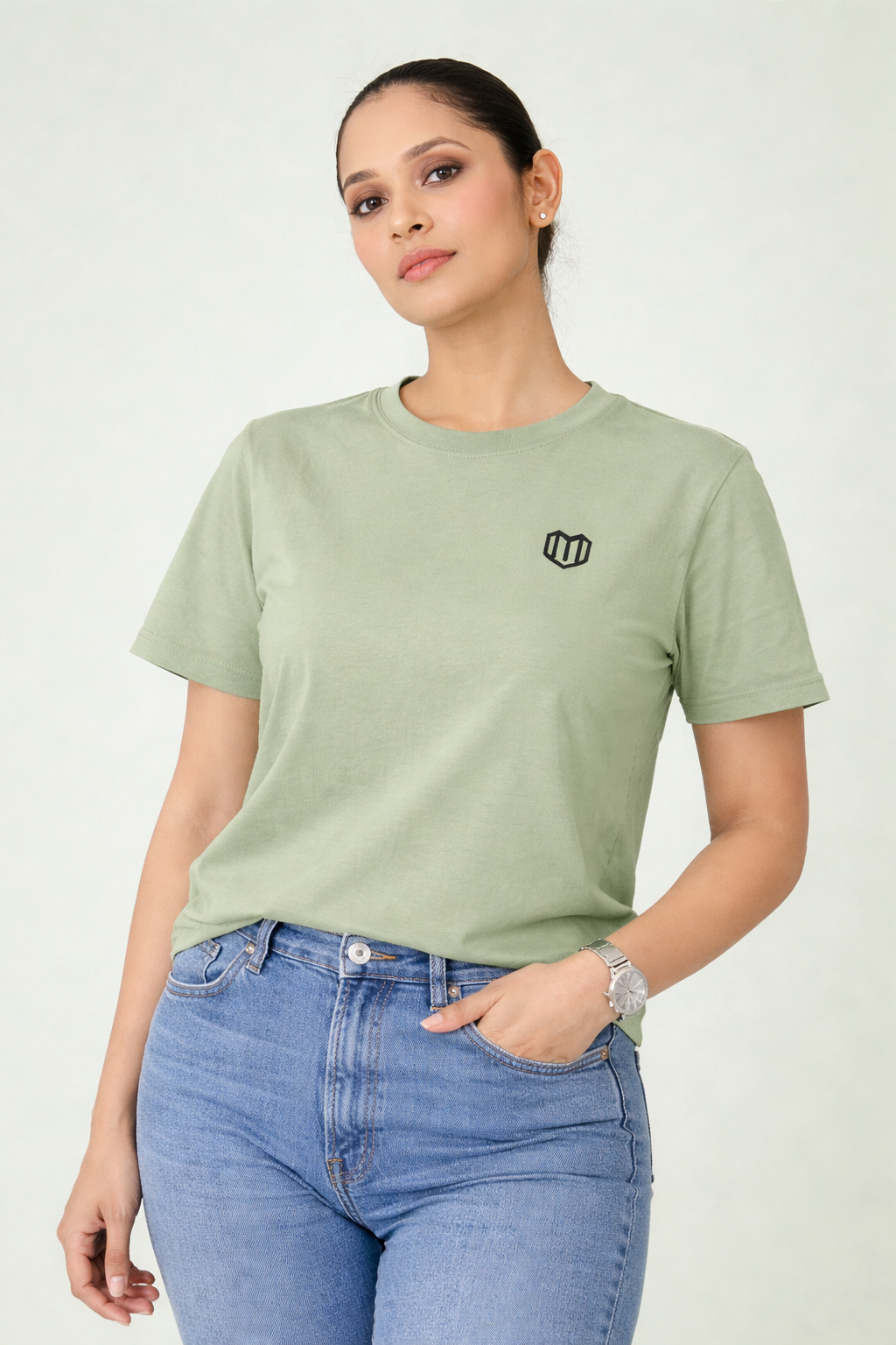 Olive Green Cotton Half Sleeve Tshirts for Women
