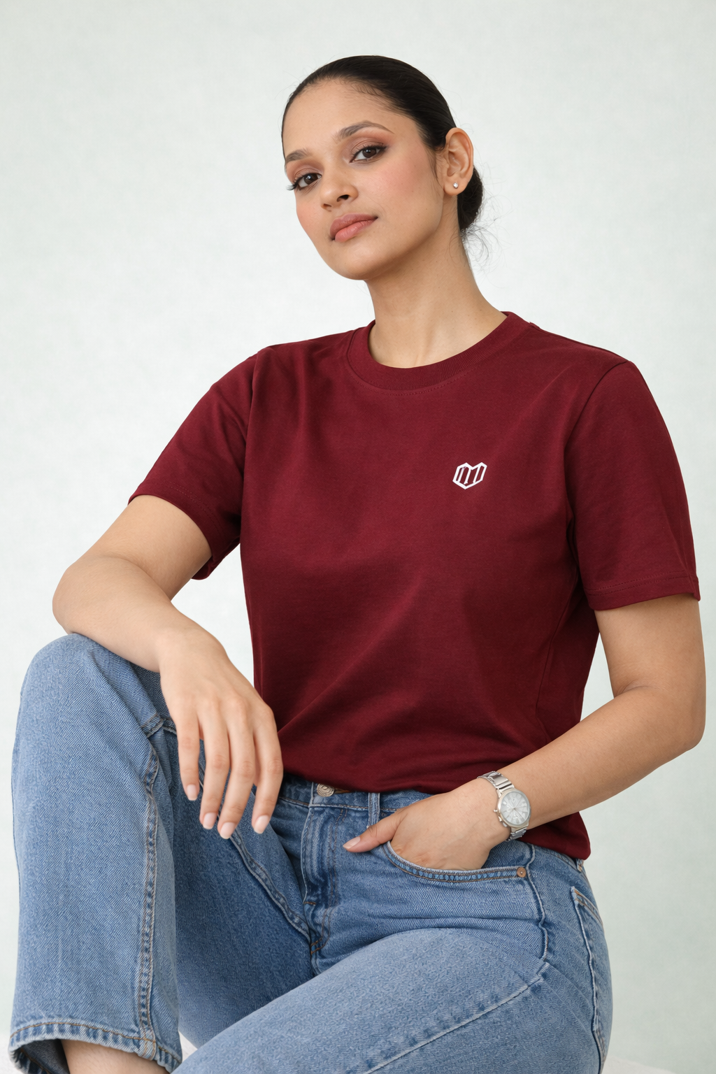 Maroon Cotton Half Sleeve Tshirts for Women