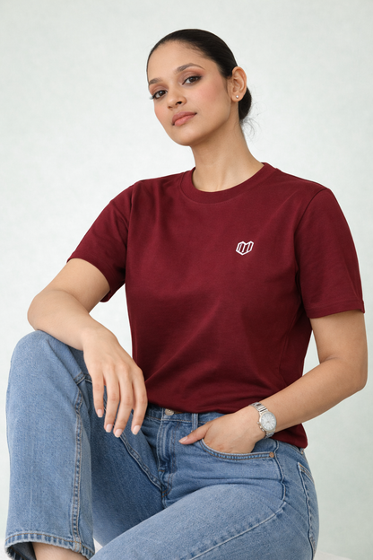 Maroon Cotton Half Sleeve Tshirts for Women