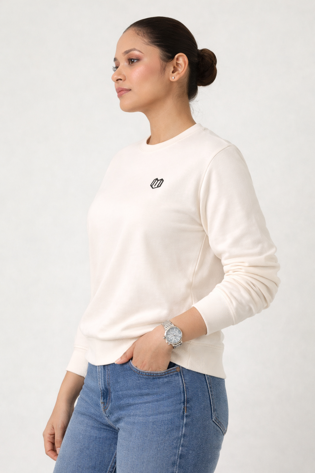 Cream Cotton Women Sweat Shirts Full Sleeve