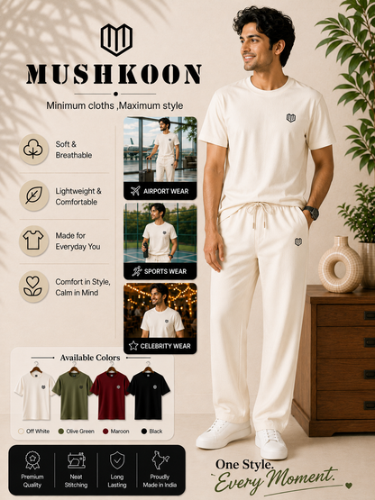 Cream Cotton Half Sleeve Tshirts for Men